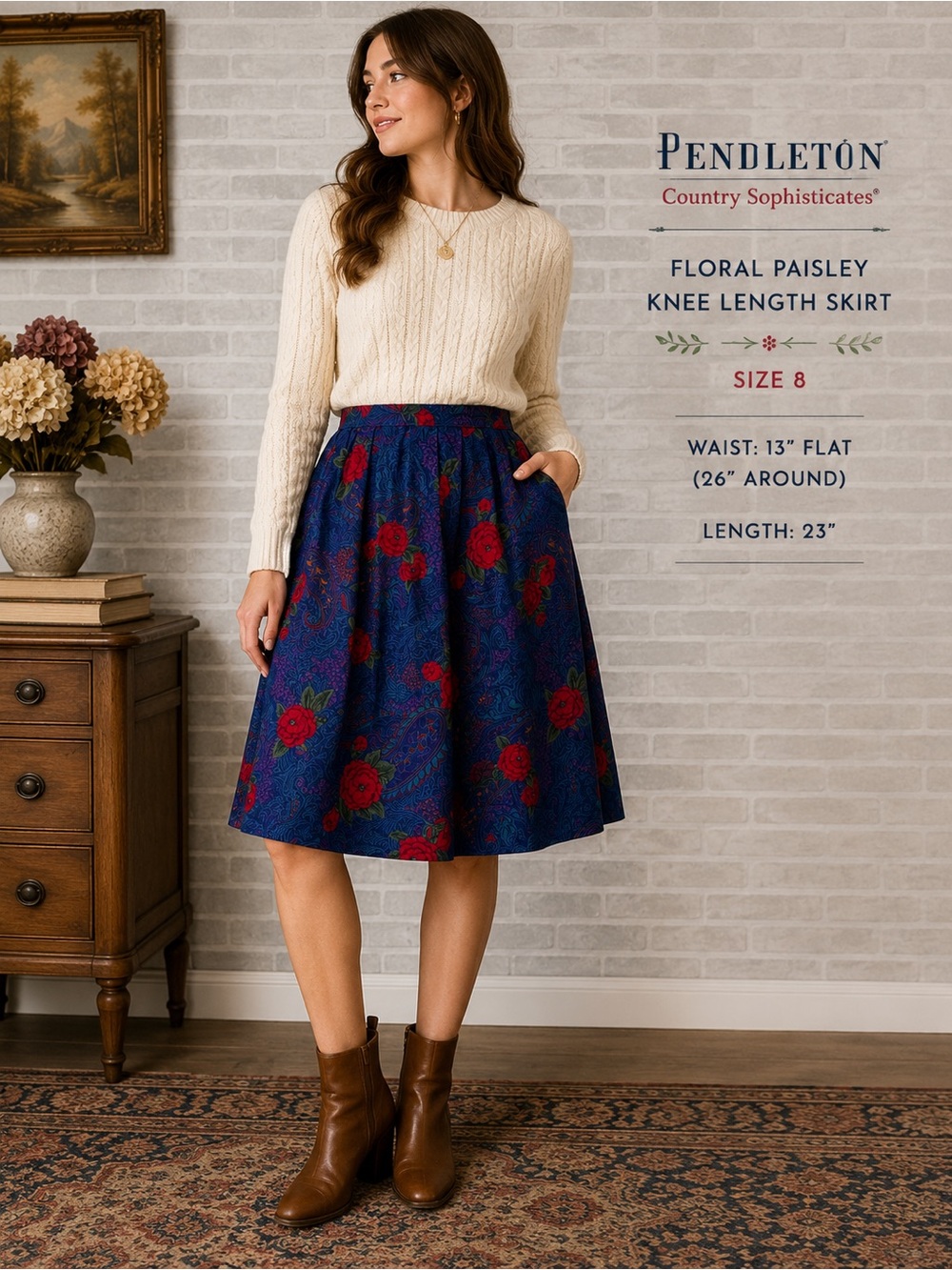 Vintage Pendleton Country Sophisticates Floral Paisley Knee Skirt Sz 8 Made USA